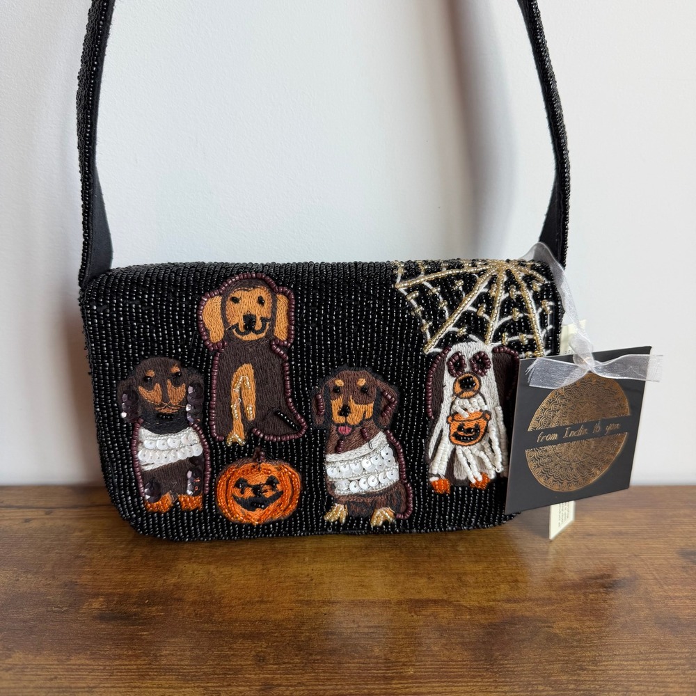 New From India To You Viral Beaded Dachshund Dog Shoulder Handbag Halloween Cute